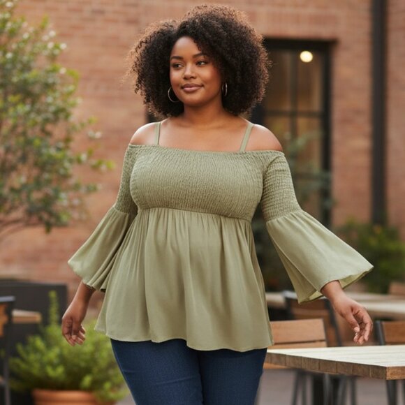 Torrid Babydoll Crinkle Smocked Top In Slate Green Womens Plus Size 2X - Picture 1 of 10